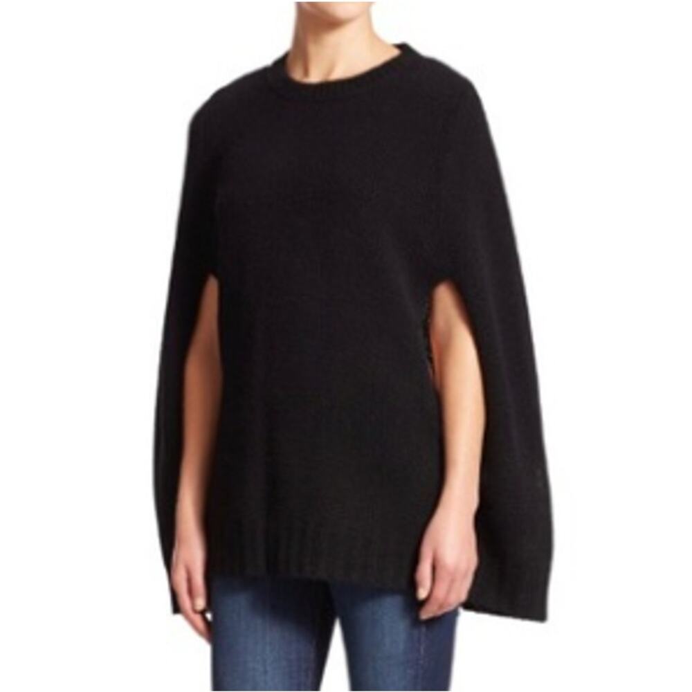 360 Cashmere Wool Blend Black Poncho Sweater Cape FLAW Sz S